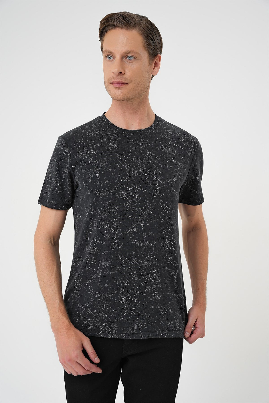 Comfort Fit Bisiklet Yaka Batik Görünümlü Esnek Pamuk Siyah Tişört TS 905