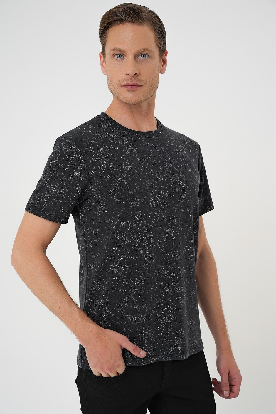 Comfort Fit Bisiklet Yaka Batik Görünümlü Esnek Pamuk Siyah Tişört TS 905
