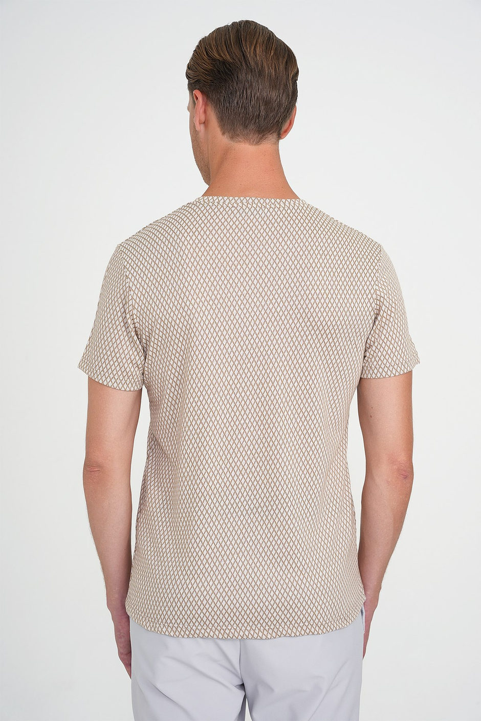 Comfort Fit Bisiklet Yaka Esnek Pamuklu Baklava Desen Bej Tişört TS 908