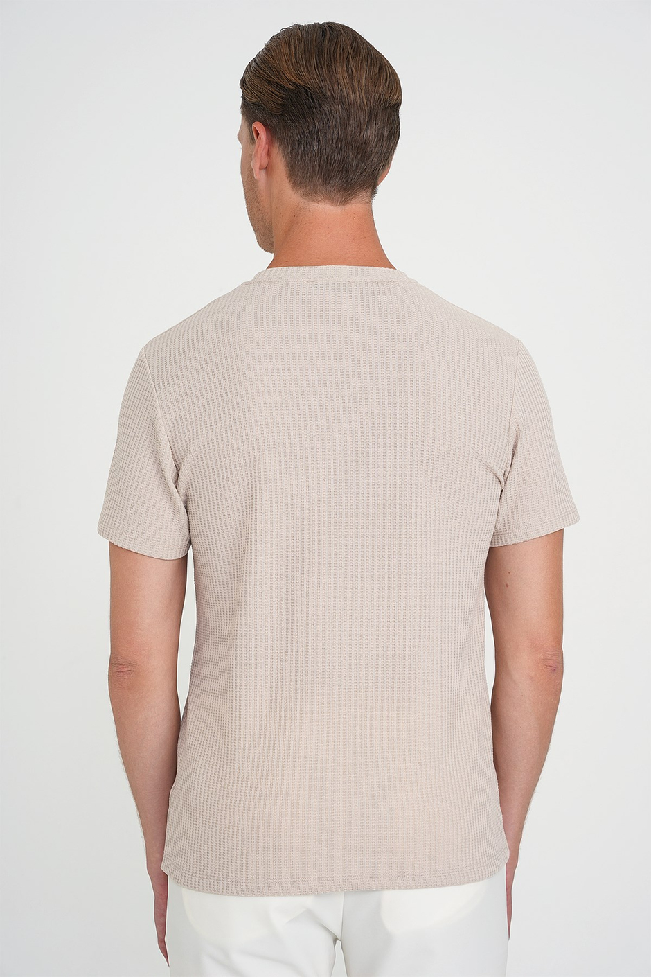 Comfort Fit Bisiklet Yaka Fitilli Esnek Pamuklu Bej Tişört TS 912