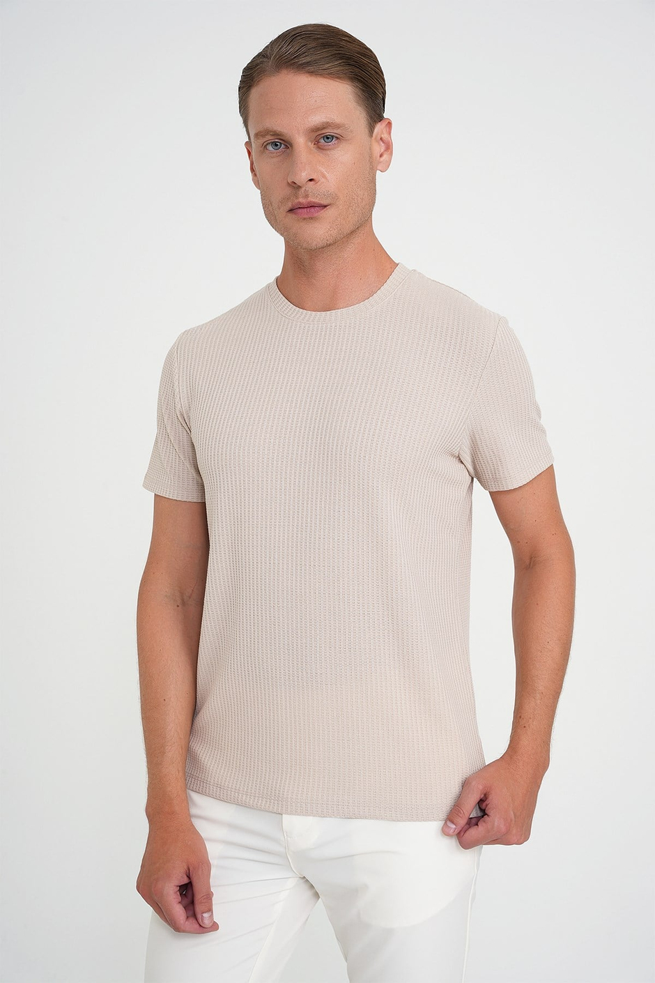 Comfort Fit Bisiklet Yaka Fitilli Esnek Pamuklu Bej Tişört TS 912