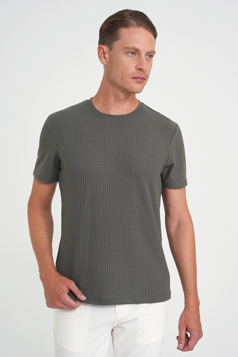 Comfort Fit Bisiklet Yaka Fitilli Esnek Pamuklu Haki Tişört TS 912