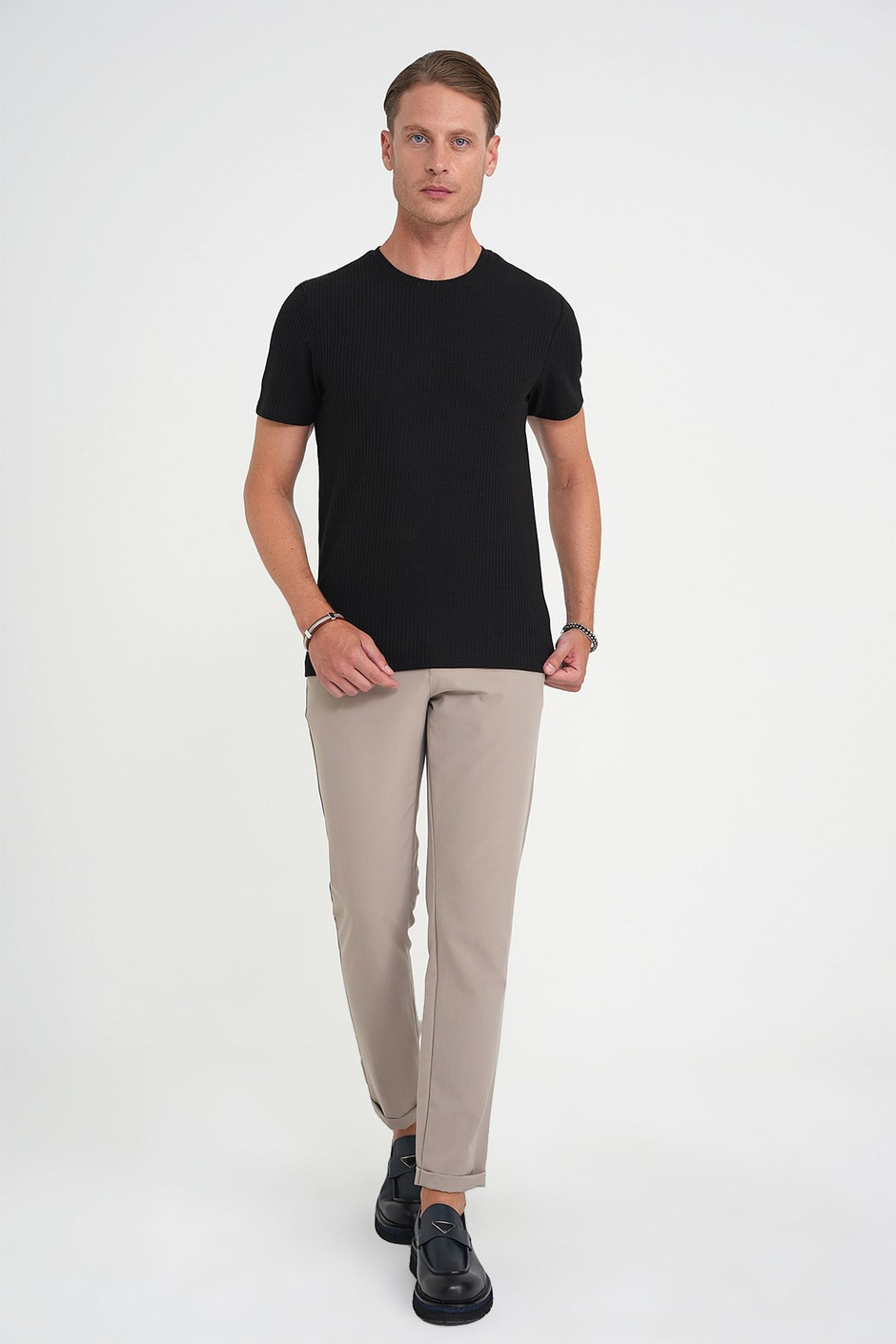 Comfort Fit Bisiklet Yaka Fitilli Esnek Pamuklu Siyah Tişört TS 912