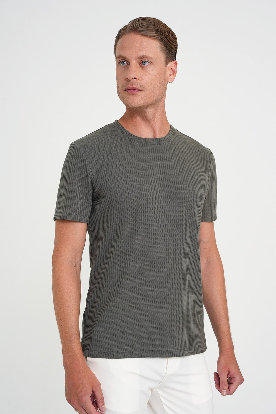 Comfort Fit Bisiklet Yaka Fitilli Esnek Pamuklu Haki Tişört TS 912