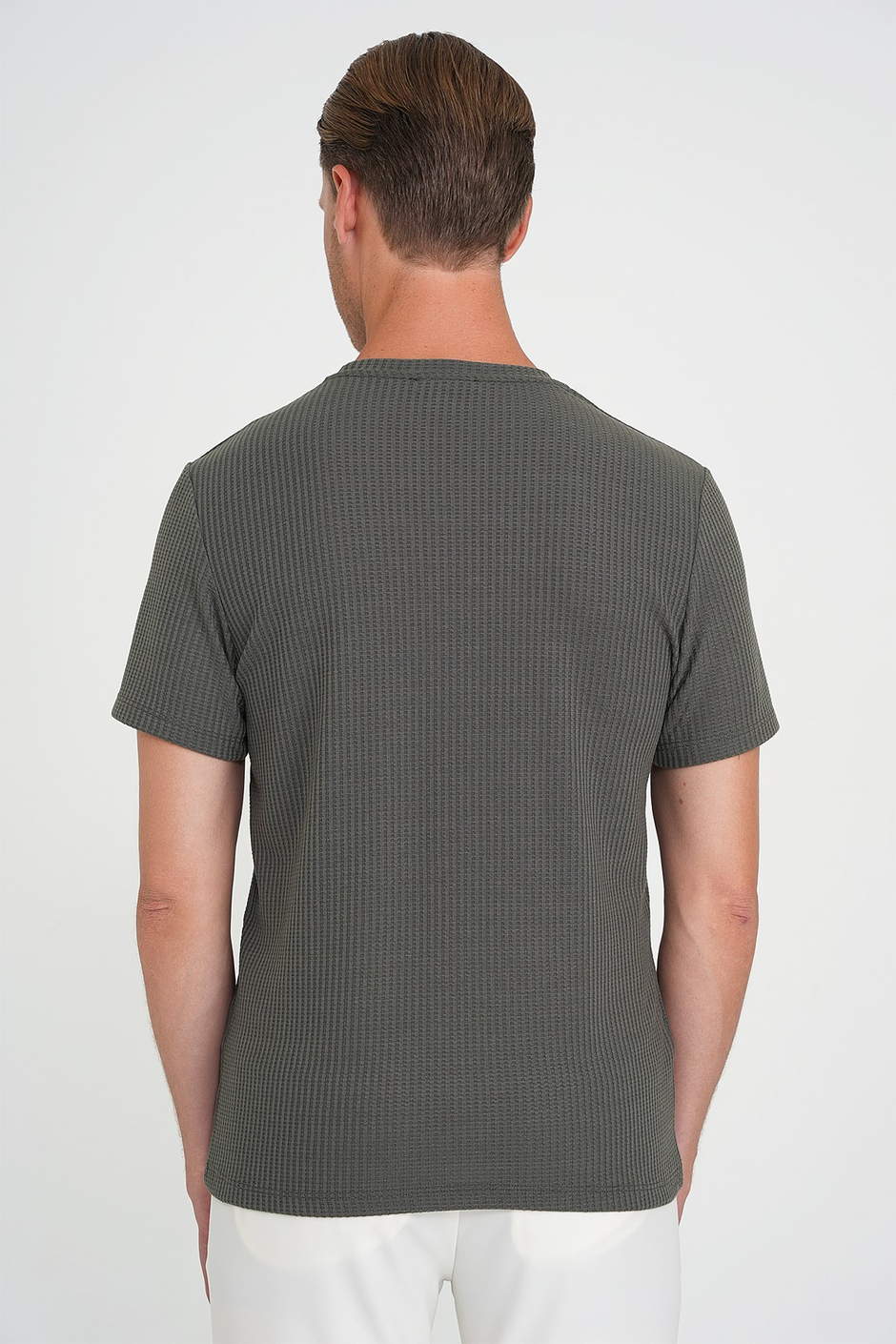 Comfort Fit Bisiklet Yaka Fitilli Esnek Pamuklu Haki Tişört TS 912