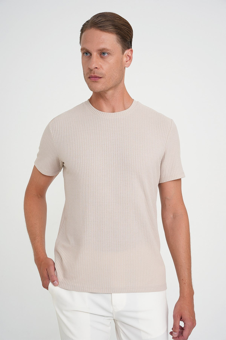 Comfort Fit Bisiklet Yaka Fitilli Esnek Pamuklu Bej Tişört TS 912