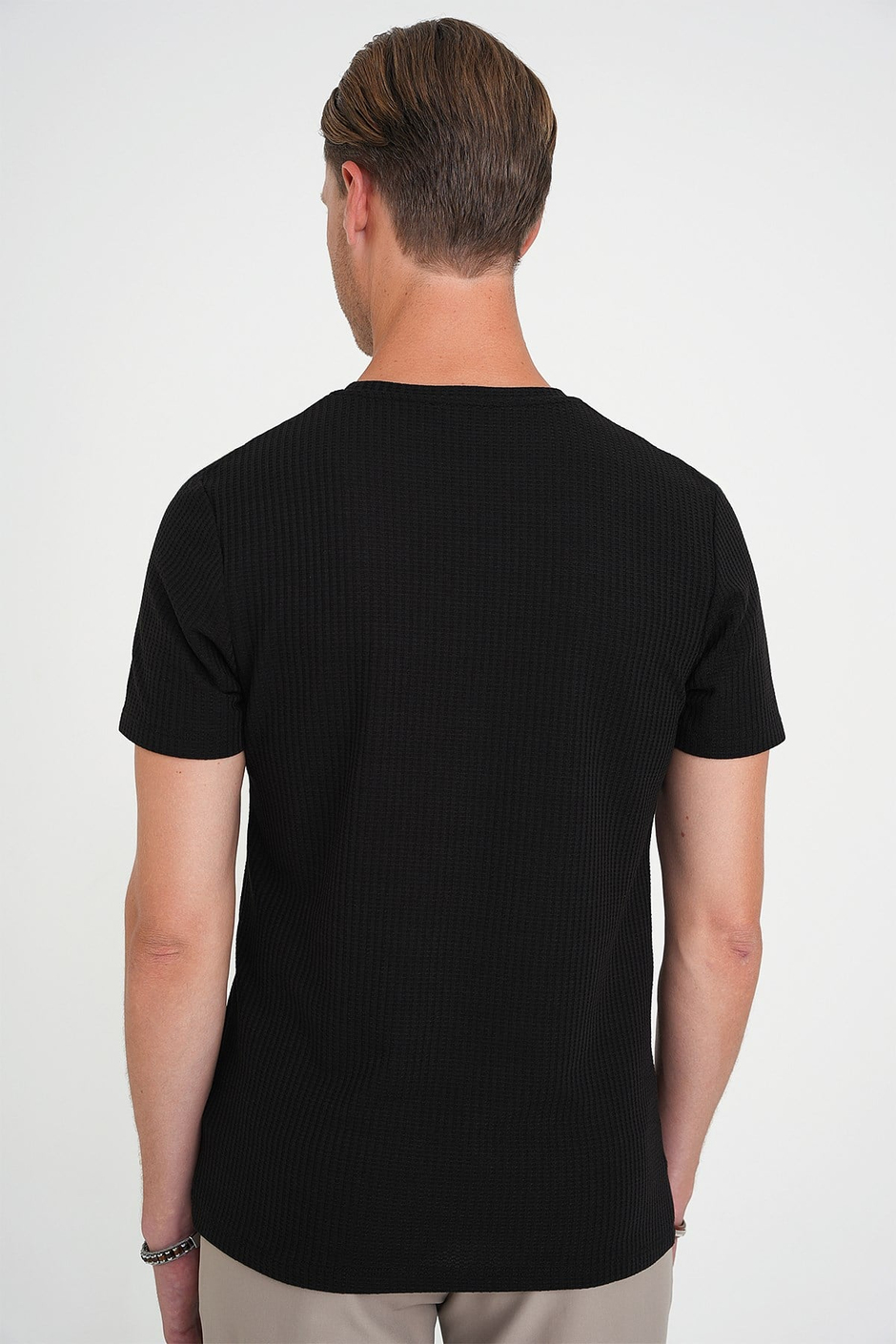 Comfort Fit Bisiklet Yaka Fitilli Esnek Pamuklu Siyah Tişört TS 912