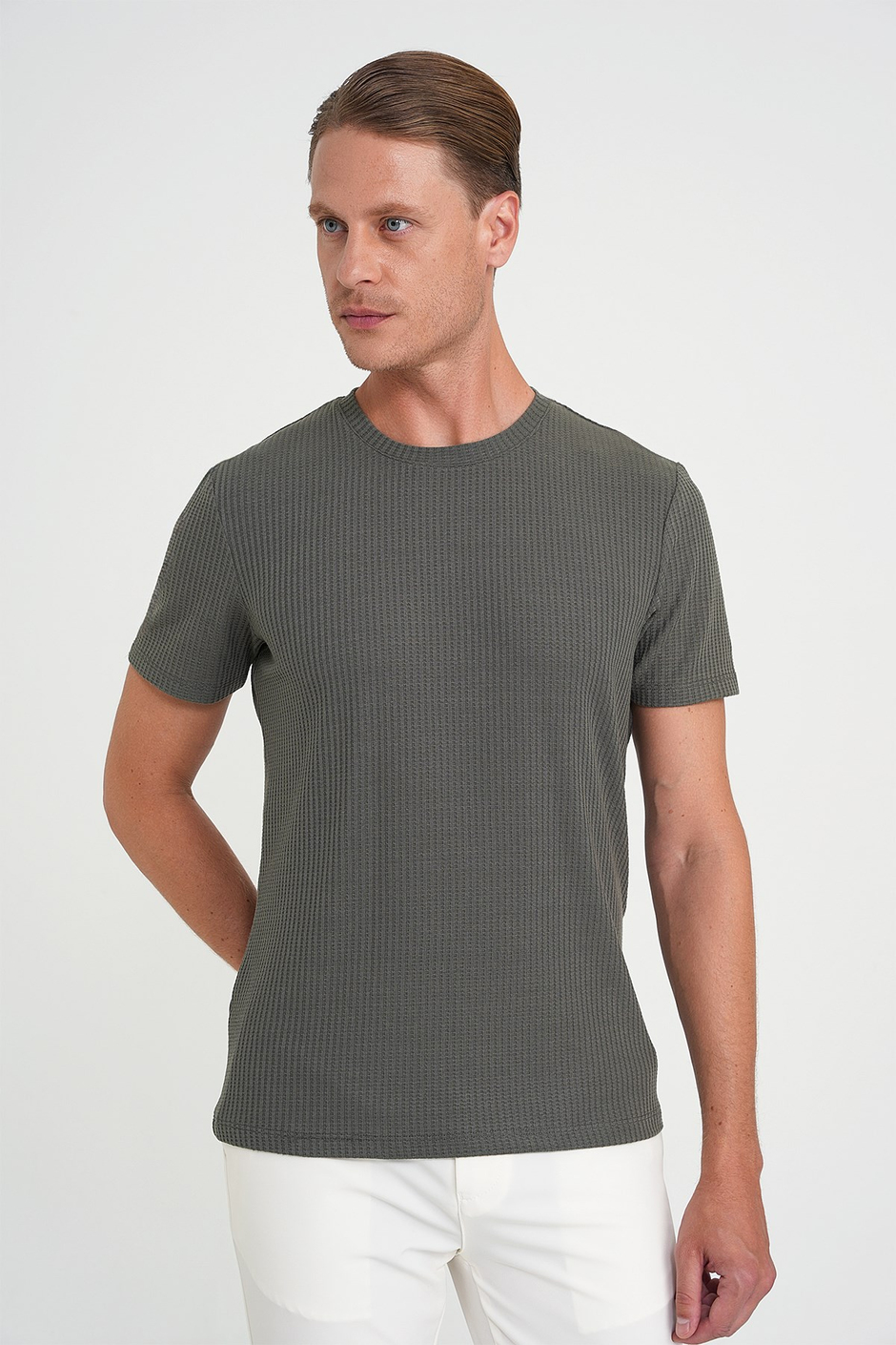 Comfort Fit Bisiklet Yaka Fitilli Esnek Pamuklu Haki Tişört TS 912