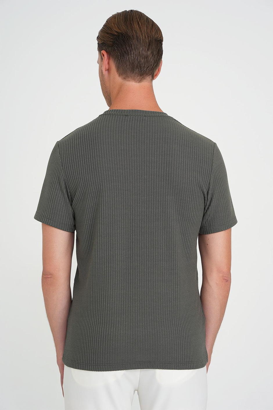 Comfort Fit Bisiklet Yaka Fitilli Esnek Pamuklu Haki Tişört TS 912