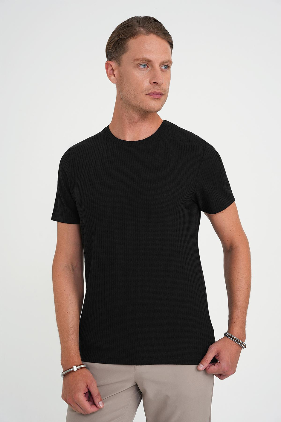 Comfort Fit Bisiklet Yaka Fitilli Esnek Pamuklu Siyah Tişört TS 912
