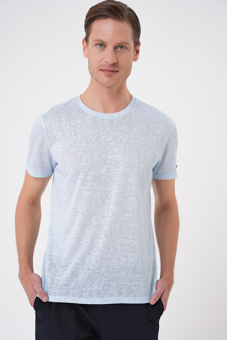 Comfort Fit Bisiklet Yaka Keten Karışımlı Mavi Tişört TS 902