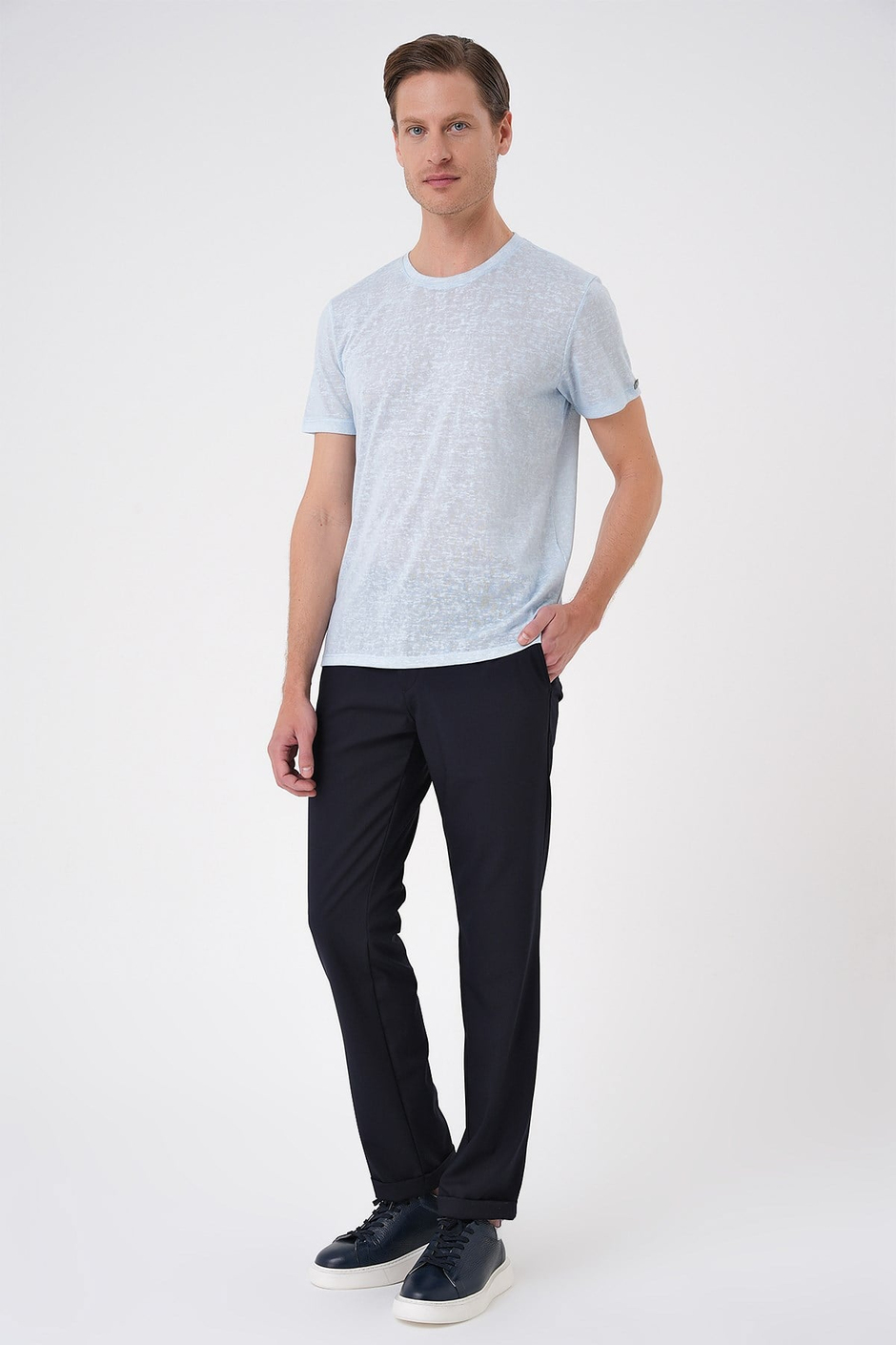 Comfort Fit Bisiklet Yaka Keten Karışımlı Mavi Tişört TS 902