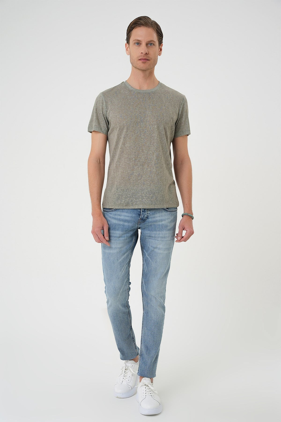 Comfort Fit Bisiklet Yaka Keten Karışımlı Açık Yeşil Tişört TS 902