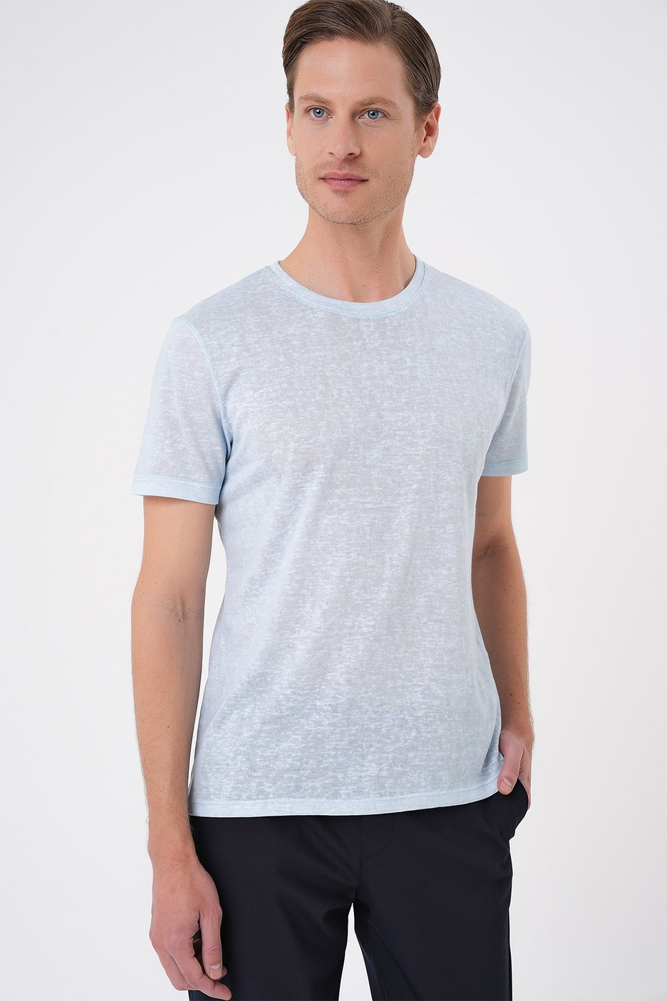 Comfort Fit Bisiklet Yaka Keten Karışımlı Mavi Tişört TS 902
