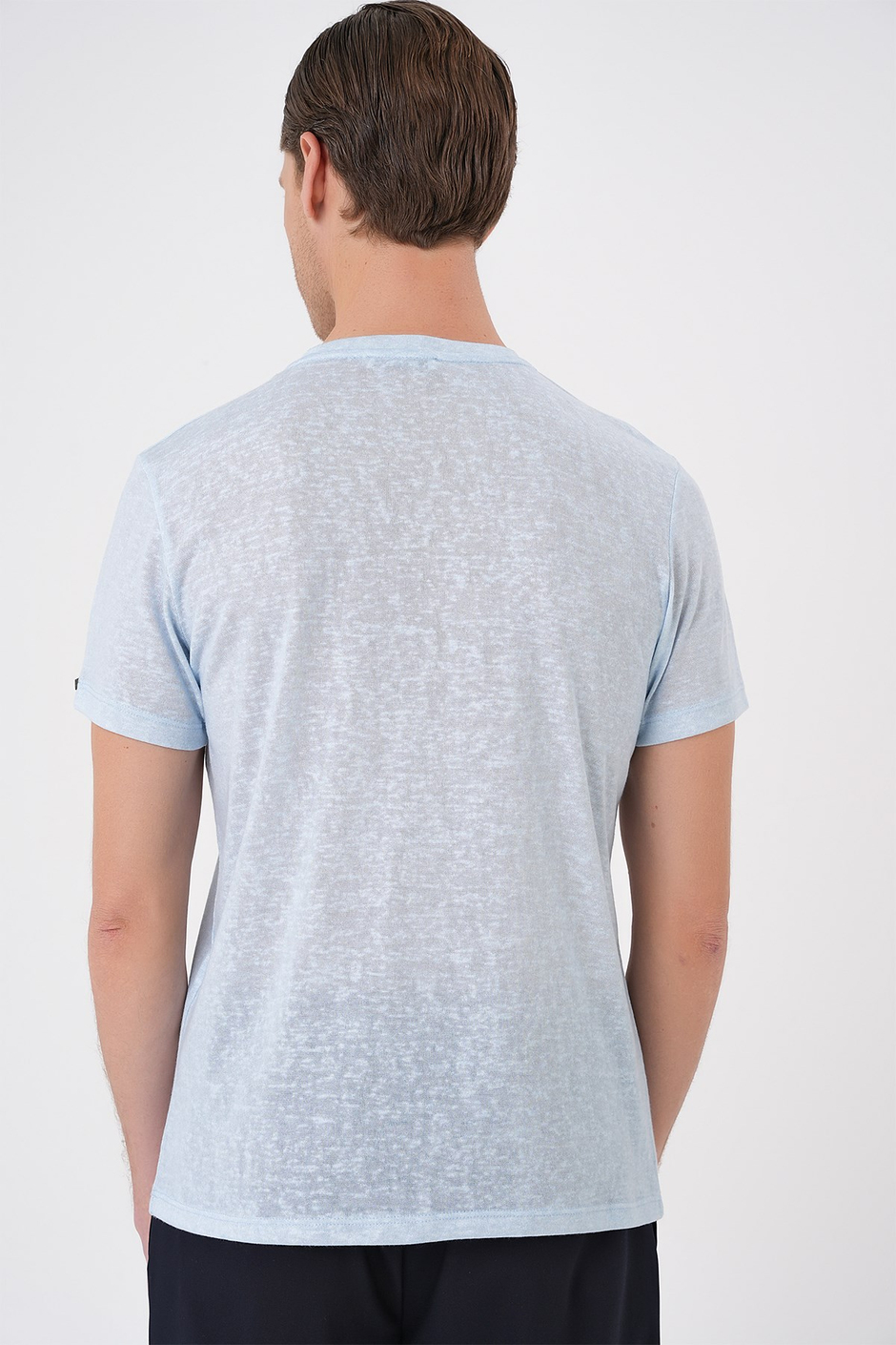 Comfort Fit Bisiklet Yaka Keten Karışımlı Mavi Tişört TS 902