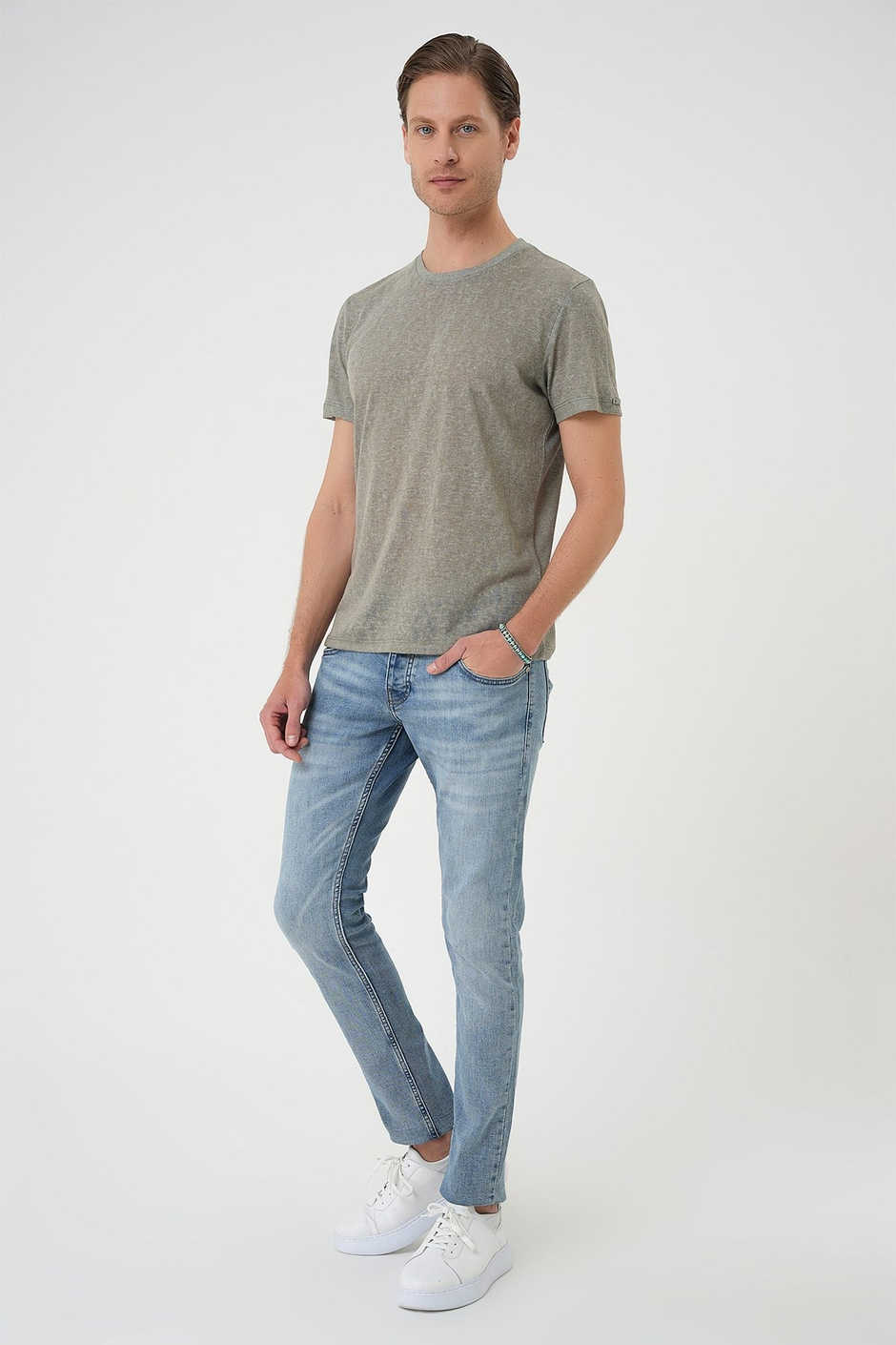 Comfort Fit Bisiklet Yaka Keten Karışımlı Açık Yeşil Tişört TS 902