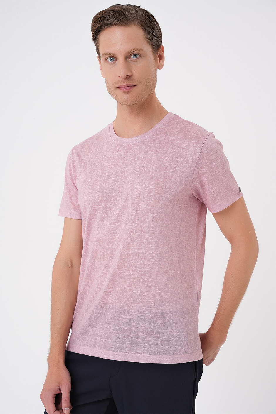 Comfort Fit Bisiklet Yaka Keten Karışımlı Açık Pembe Tişört TS 902