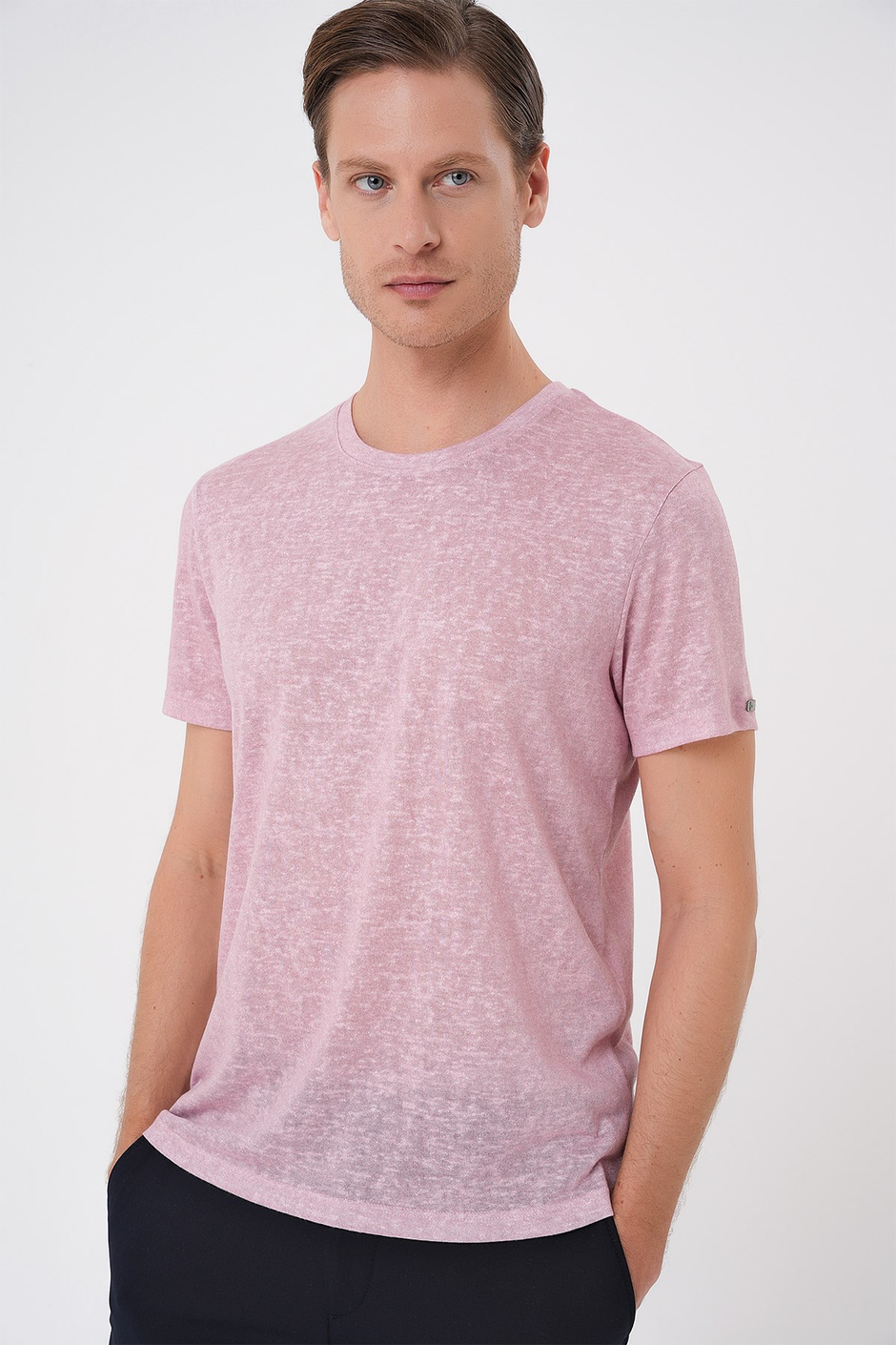 Comfort Fit Bisiklet Yaka Keten Karışımlı Açık Pembe Tişört TS 902