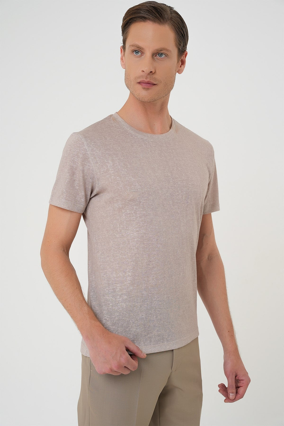 Comfort Fit Bisiklet Yaka Keten Karışımlı Kum Beji Tişört TS 902