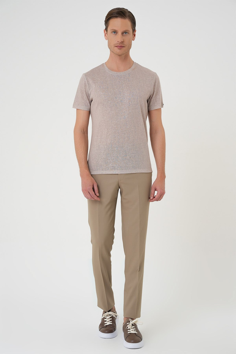 Comfort Fit Bisiklet Yaka Keten Karışımlı Kum Beji Tişört TS 902