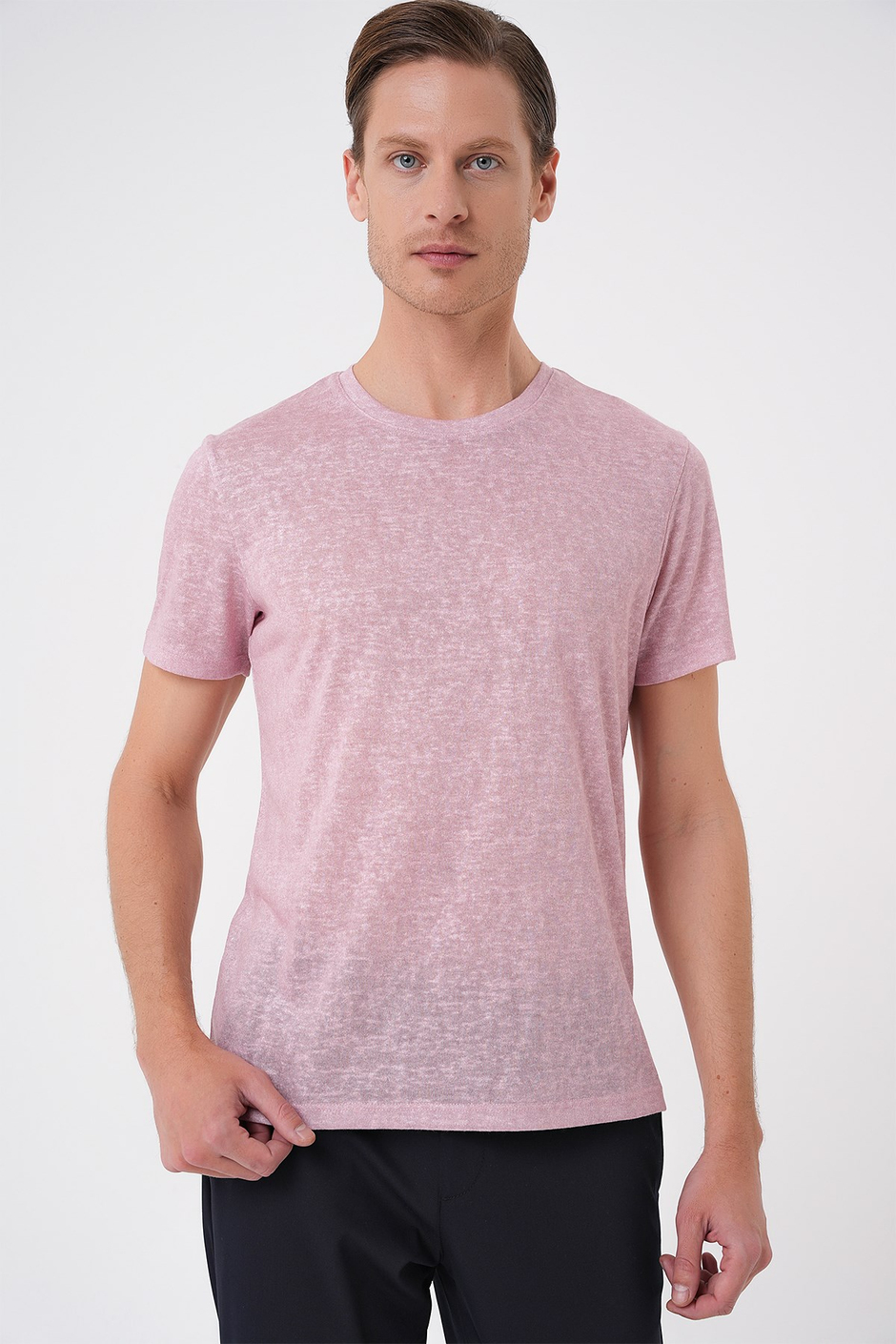 Comfort Fit Bisiklet Yaka Keten Karışımlı Açık Pembe Tişört TS 902