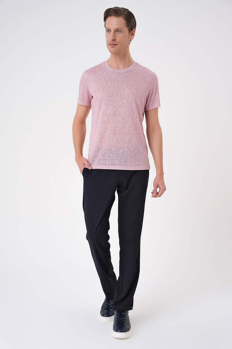 Comfort Fit Bisiklet Yaka Keten Karışımlı Açık Pembe Tişört TS 902