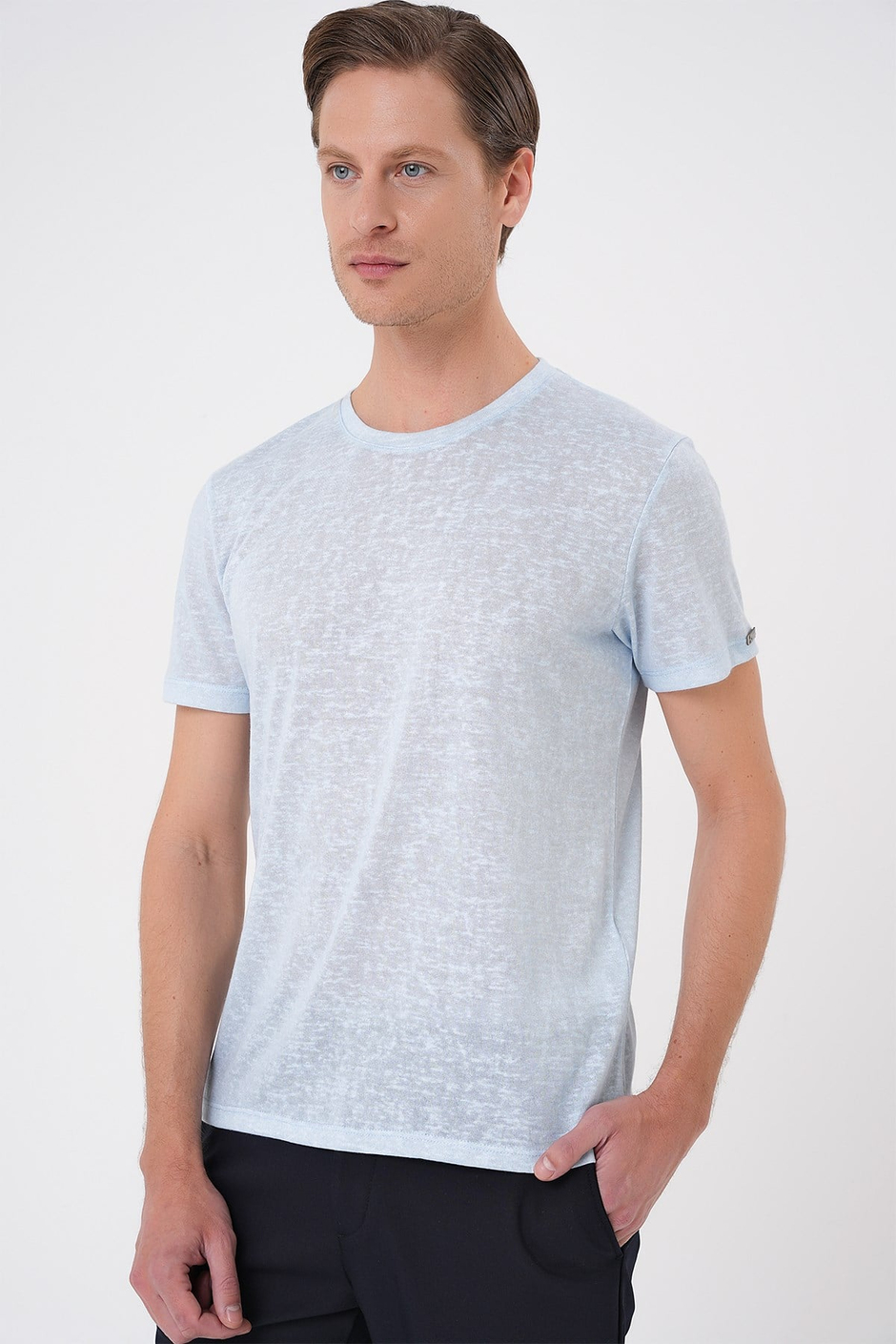 Comfort Fit Bisiklet Yaka Keten Karışımlı Mavi Tişört TS 902