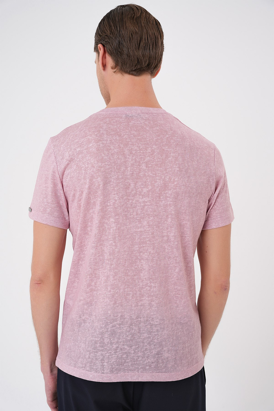 Comfort Fit Bisiklet Yaka Keten Karışımlı Açık Pembe Tişört TS 902