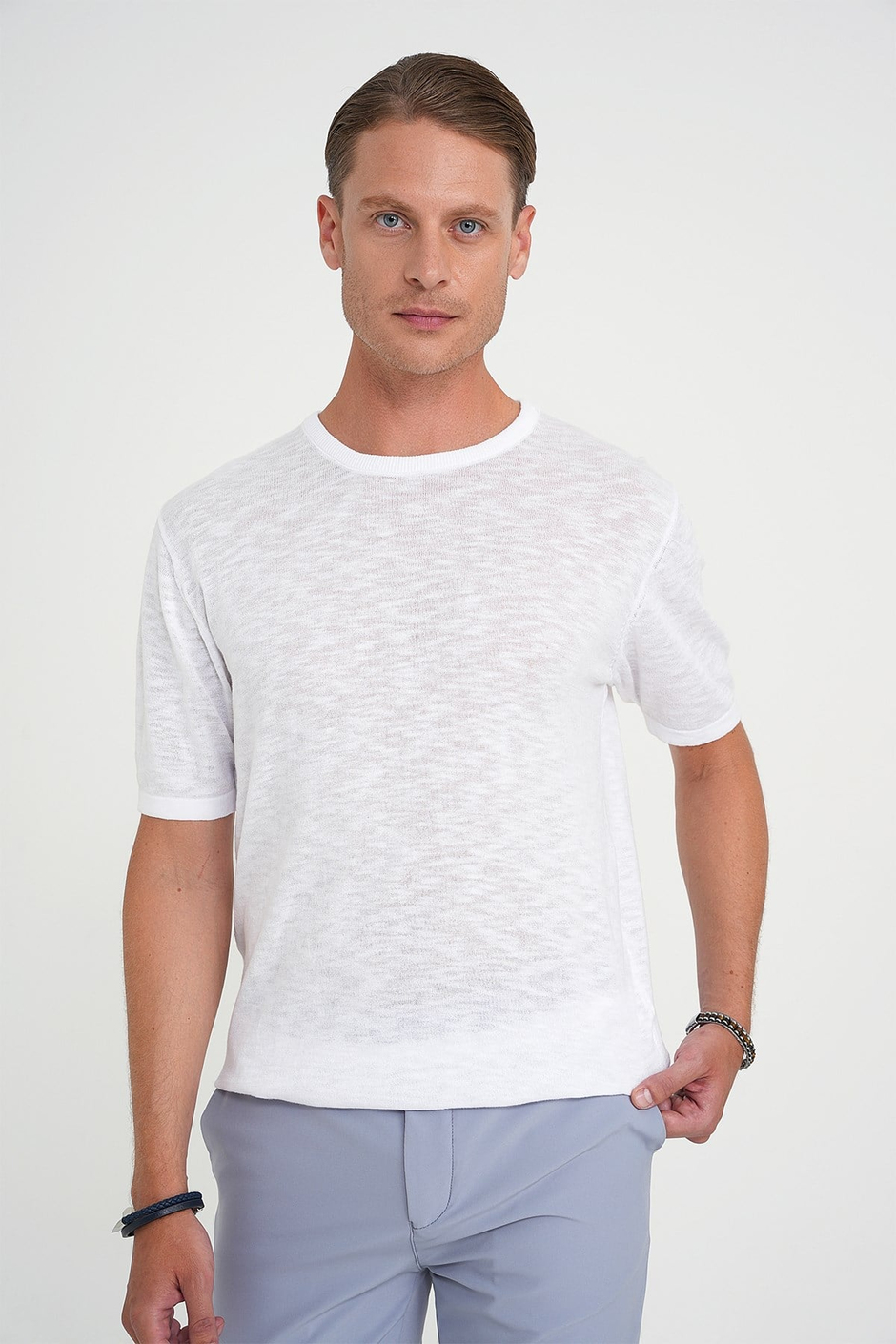Comfort Fit Bisiklet Yaka Kısa Kol Spor Beyaz Triko Tr 881