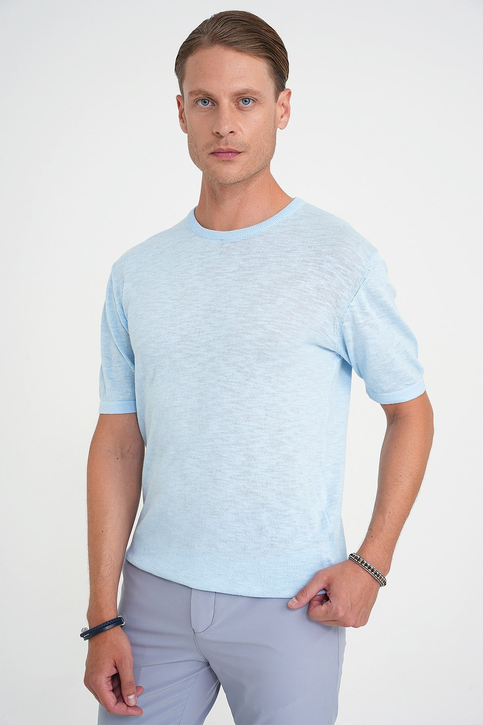 Comfort Fit Bisiklet Yaka Kısa Kol Spor Mavi Triko Tr 881