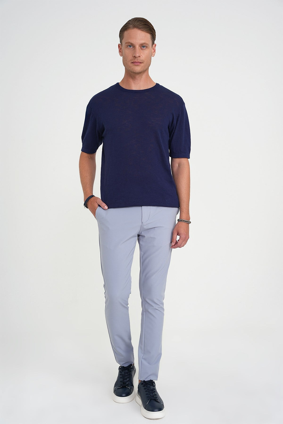 Comfort Fit Bisiklet Yaka Kısa Kol Spor Lacivert Triko Tr 881