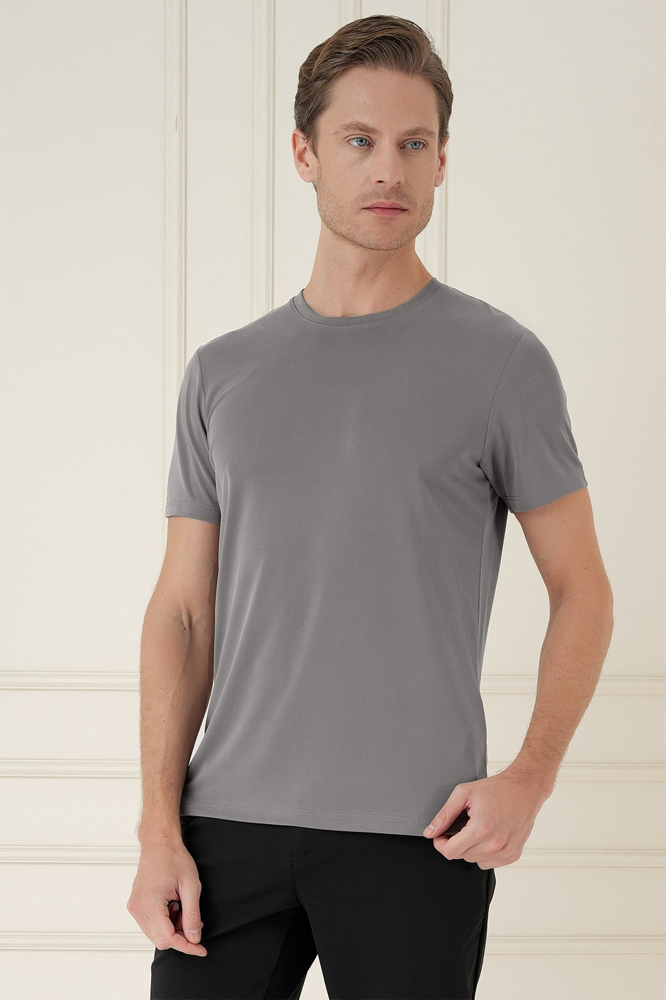 Comfort Fit Bisiklet Yaka Modal Kumaş Kısa Kollu Vizon Tişört TS 895