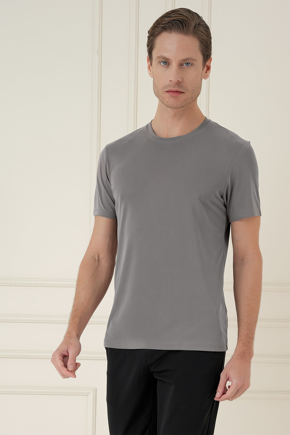 Comfort Fit Bisiklet Yaka Modal Kumaş Kısa Kollu Vizon Tişört TS 895