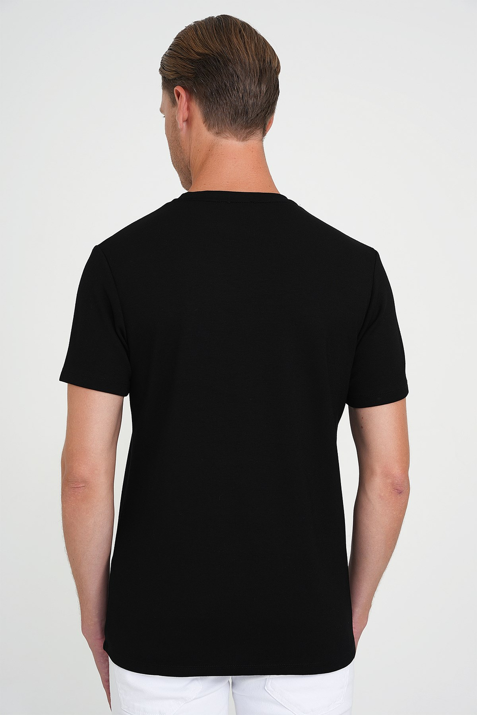 Comfort Fit Bisiklet Yaka Nakışlı Esnek Pamuk Siyah Tişört TS 910