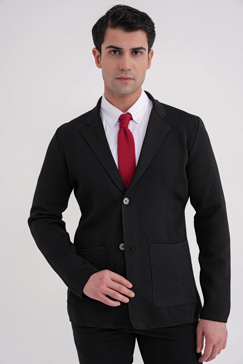Comfort Fit Ceket Yaka Torba Cep Düğmeli Siyah Yünlü Triko Ceket 04