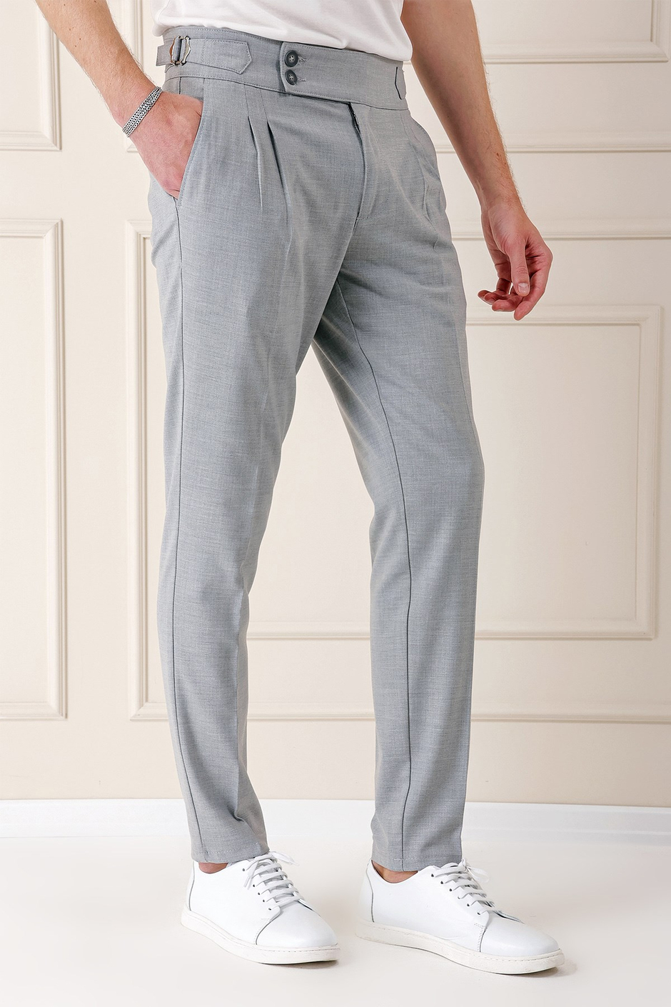 Comfort Fit Çift Pile Yandan Tokalı Yüksek Bel Casual Gri Pantolon P 1153