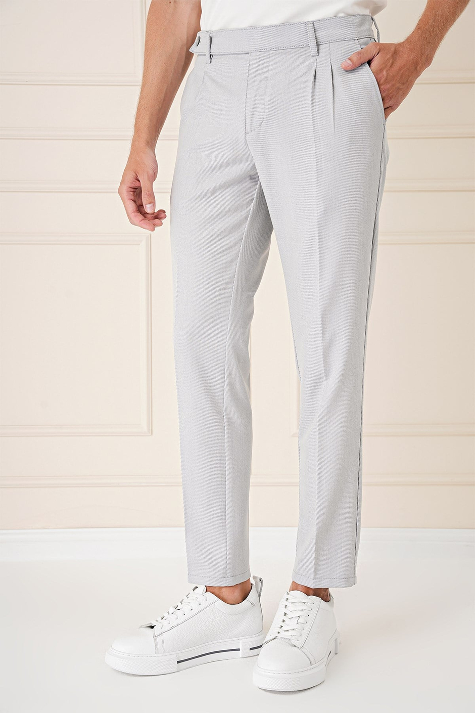 Comfort Fit Çift Pileli Dokulu Esnek Pamuklu Gri Mavi Pantolon P 1158