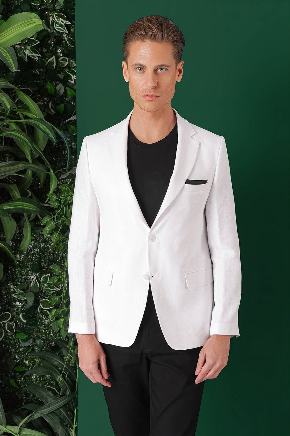 Comfort Fit Çift Yırtmaç %100 Keten Casual Beyaz Ceket C 668