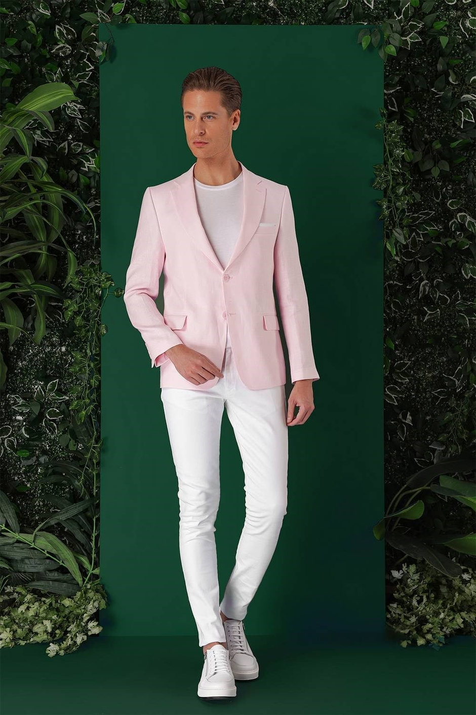 Comfort Fit Çift Yırtmaç %100 Keten Casual Pembe Ceket C 668