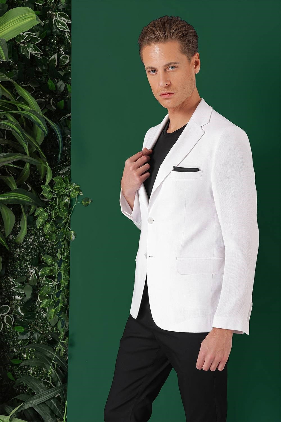 Comfort Fit Çift Yırtmaç %100 Keten Casual Beyaz Ceket C 668