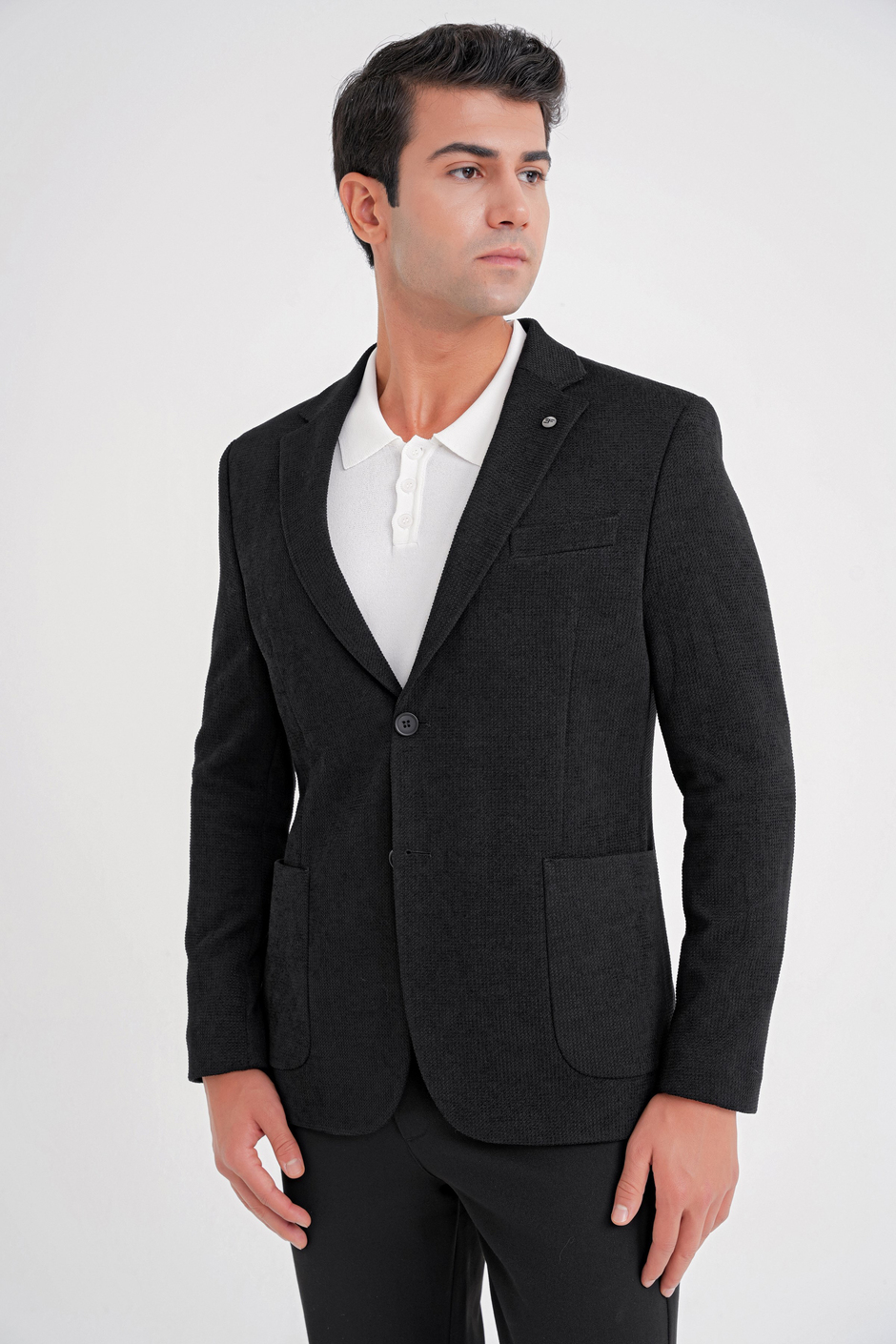 Comfort Fit Çift Yırtmaç Armürlü Esnek Pamuklu Siyah Ceket C 723