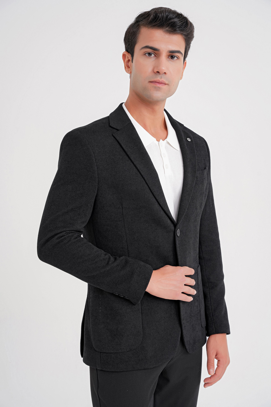 Comfort Fit Çift Yırtmaç Armürlü Esnek Pamuklu Siyah Ceket C 723