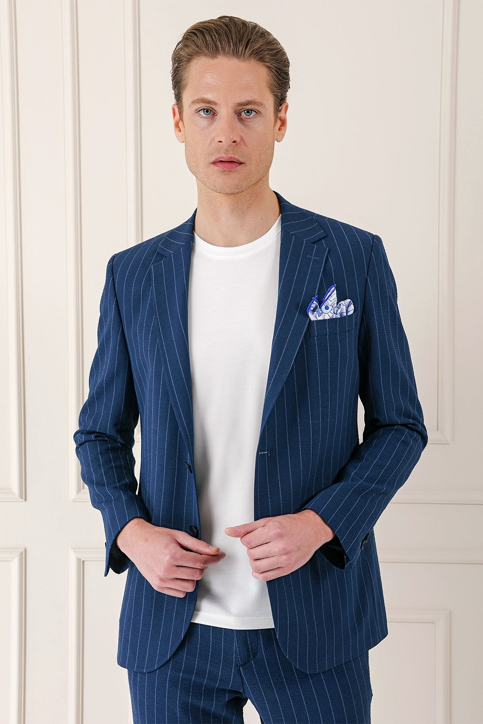 Comfort Fit Çift Yırtmaç Çizgili Pamuk Casual Lacivert Ceket C 674