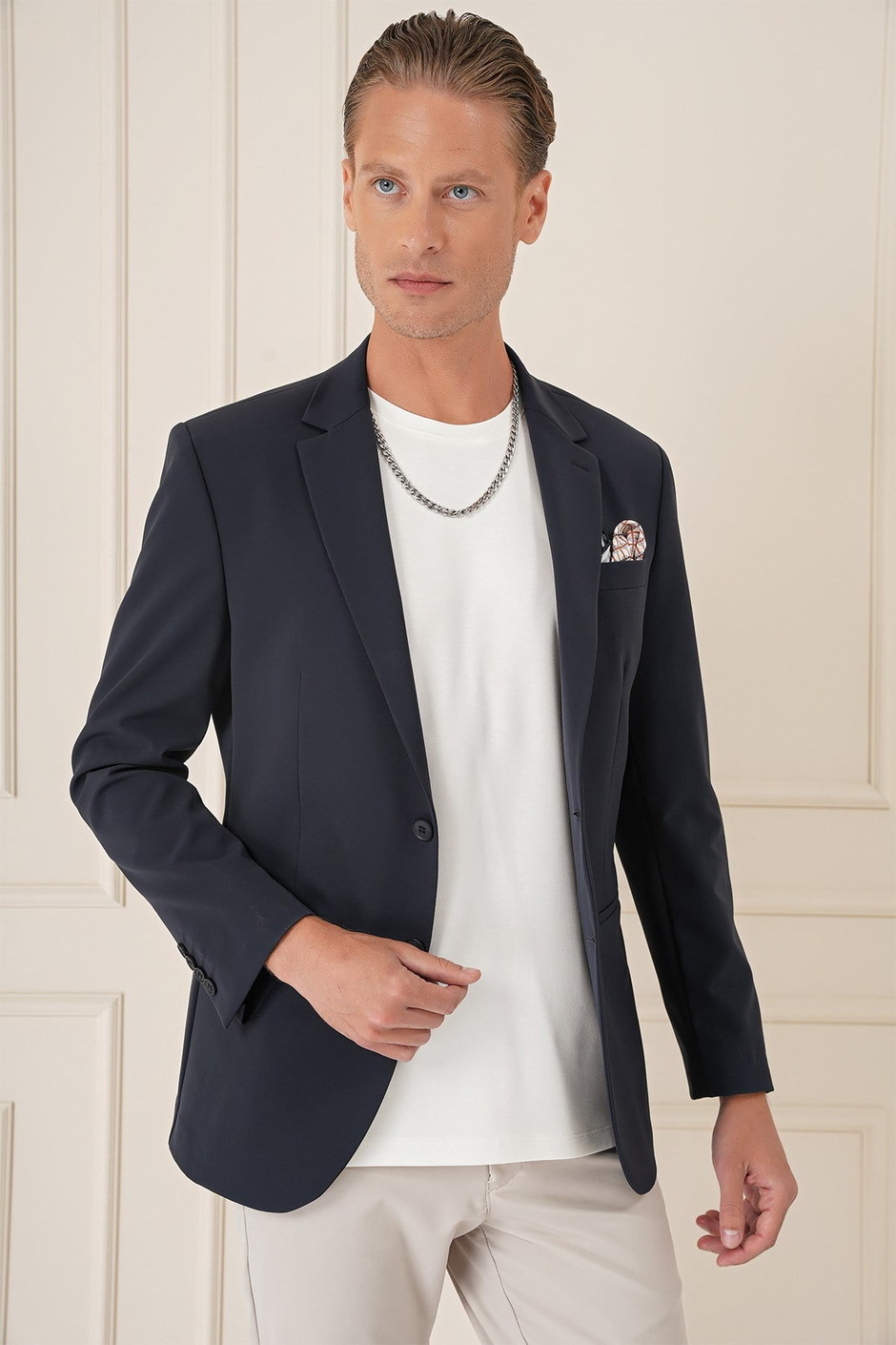Comfort Fit Çift Yırtmaç Fleto Cep Esnek Pamuk Casual Lacivert Ceket C 675