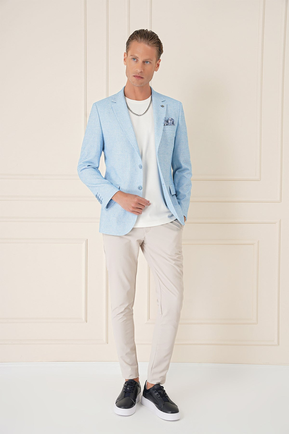 Comfort Fit Çift Yırtmaç Kırçıllı Keten Casual Mavi Ceket C 677