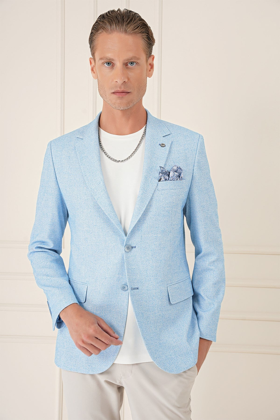 Comfort Fit Çift Yırtmaç Kırçıllı Keten Casual Mavi Ceket C 677