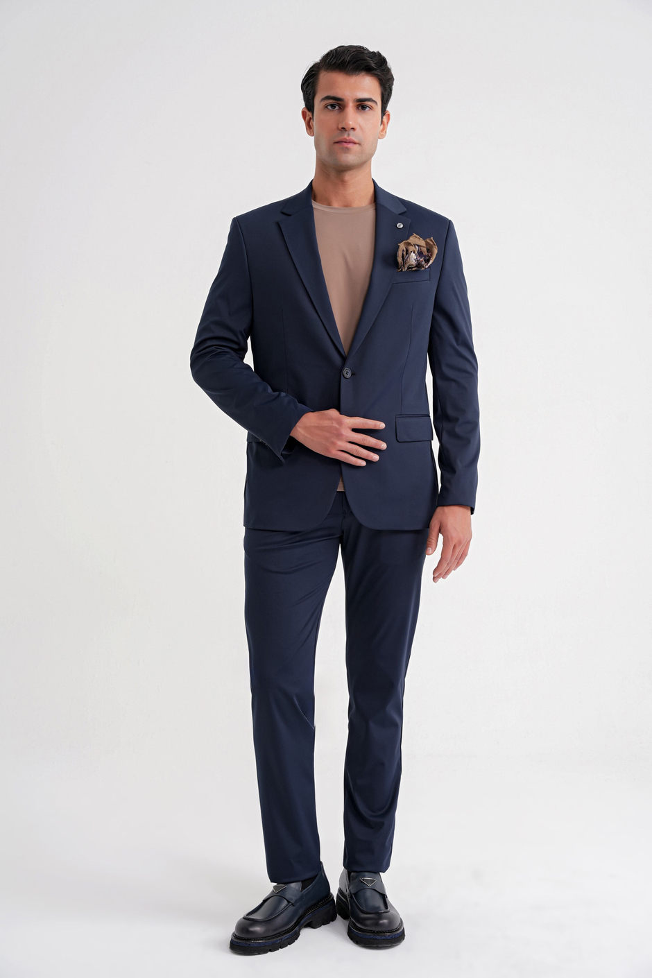 Comfort Fit Çift Yırtmaç Pamuk Karışım Dokulu Lacivert Blazer Ceket C 722