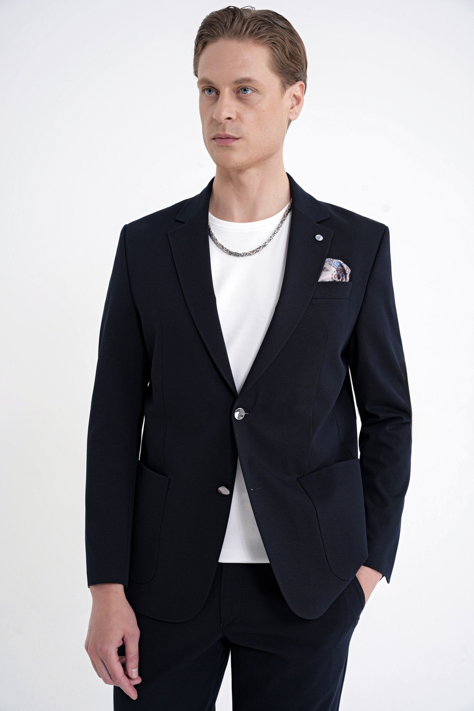 Comfort Fit Çift Yırtmaç Torba Cep Metal Düğmeli Lacivert Blazer Ceket C 734