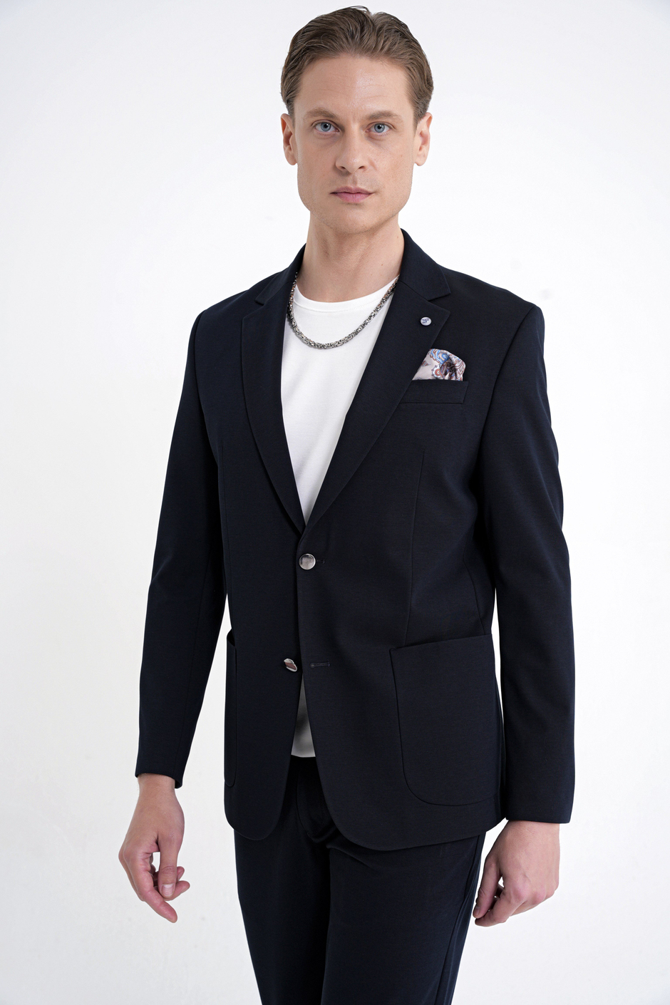 Comfort Fit Çift Yırtmaç Torba Cep Metal Düğmeli Lacivert Blazer Ceket C 734