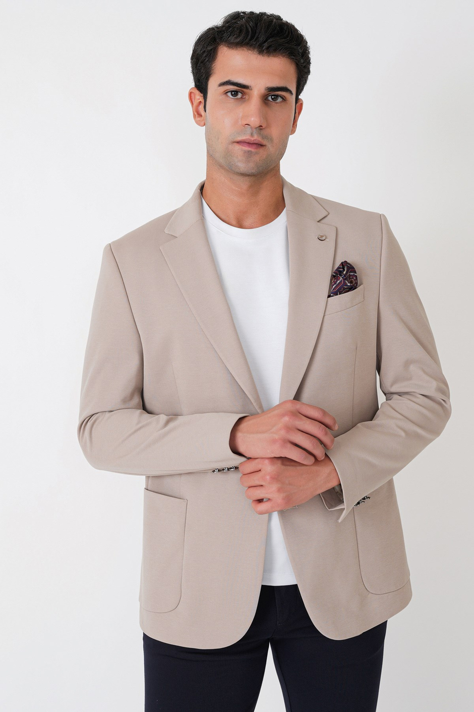Comfort Fit Çift Yırtmaç Torba Cep Metal Düğmeli Bej Blazer Ceket C 734